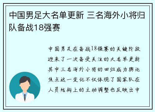 中国男足大名单更新 三名海外小将归队备战18强赛