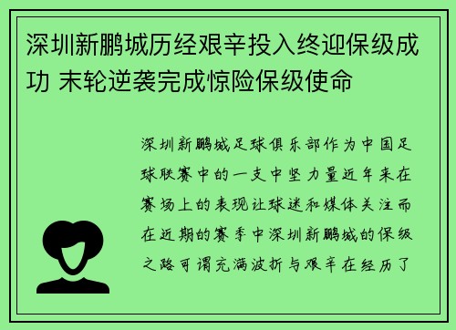 深圳新鹏城历经艰辛投入终迎保级成功 末轮逆袭完成惊险保级使命
